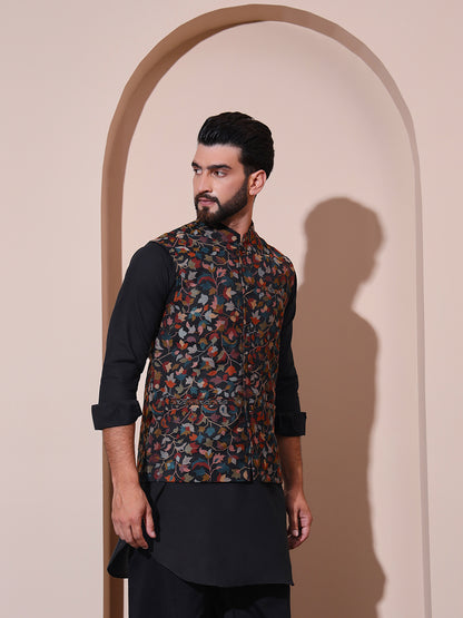 Kani Weave Ethnic Nehru Jacket in Kashmiri Paisleys for Men | Black