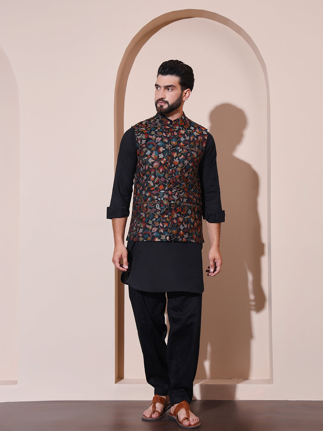 Kani Weave Ethnic Nehru Jacket in Kashmiri Paisleys for Men | Black