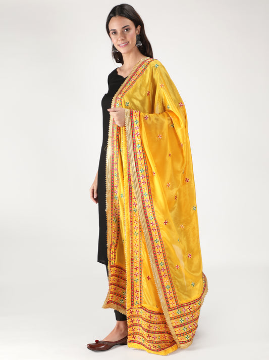 Punjabi Phulkari Dupatta with Heavy Embroidery Border | Yellow