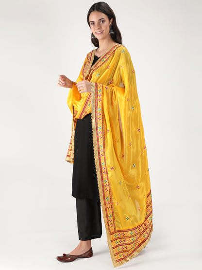 Punjabi Phulkari Dupatta with Heavy Embroidery Border | Yellow