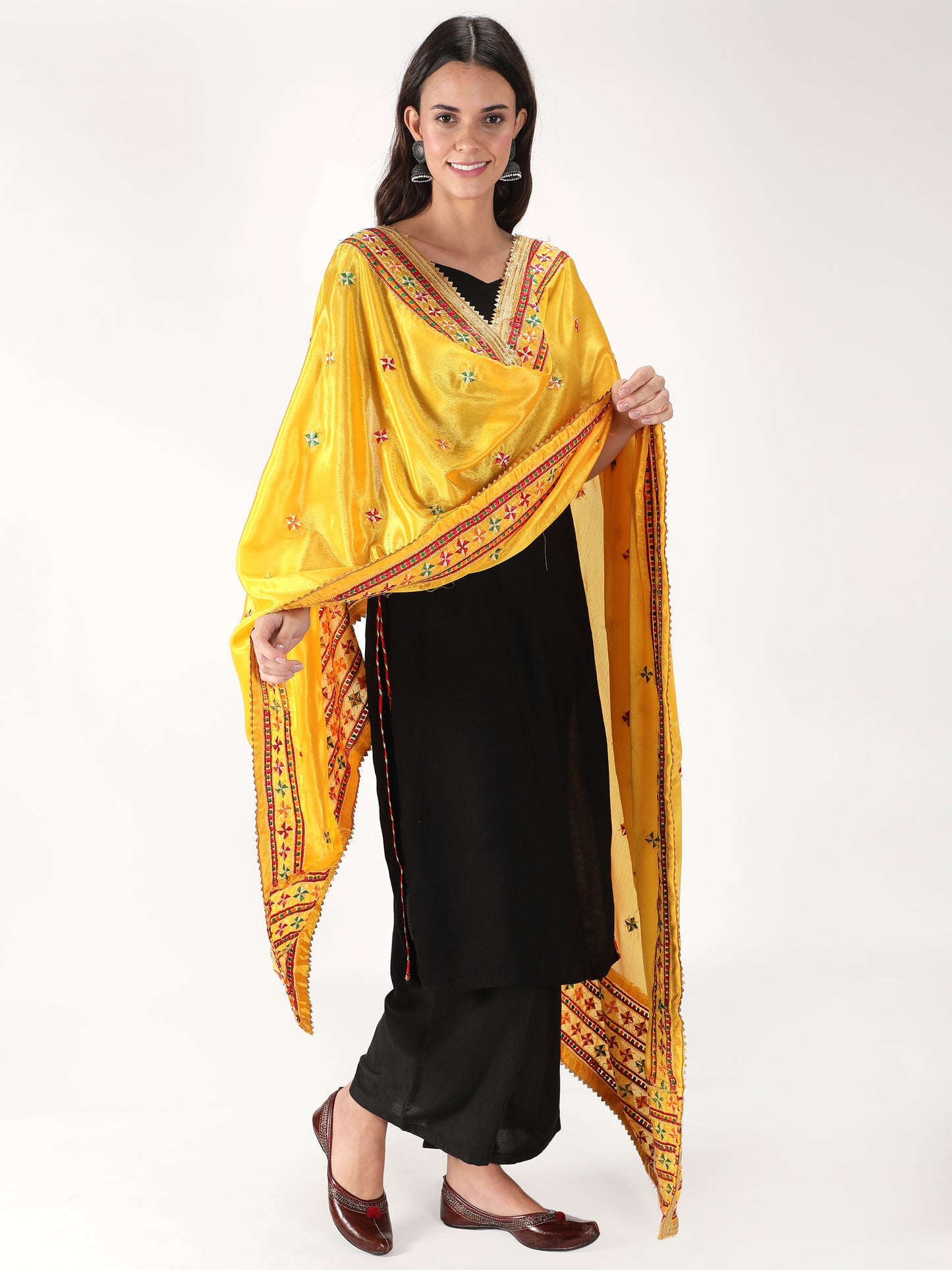 Punjabi Phulkari Dupatta with Heavy Embroidery Border | Yellow