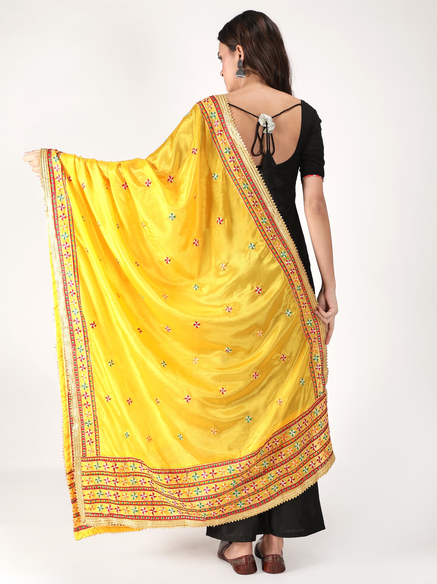 Punjabi Phulkari Dupatta with Heavy Embroidery Border | Yellow