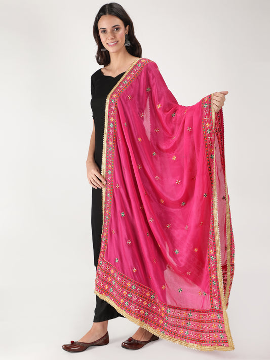 Punjabi Phulkari Dupatta with Heavy Embroidery Border | Pink