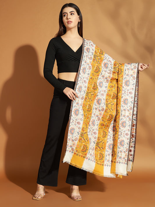 Two Tone Kani Weave Floral Motif Pure Wool Shawl For Women | Yellow White