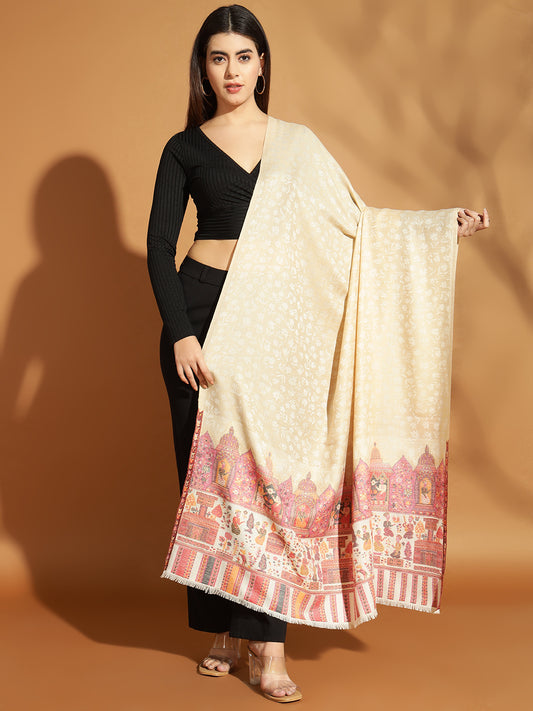 Kani Weave Pure Wool Shawl with Royal Darbar Motifs Borders | Off White