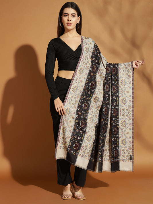 Two Tone Kani Weave Floral Motif Pure Wool Shawl For Women | Black Beige