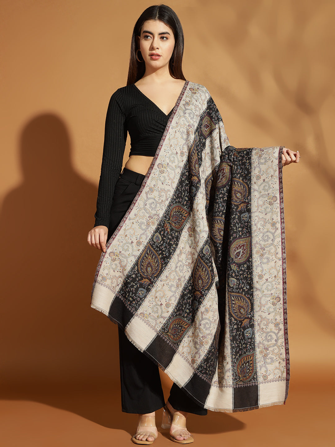 Two Tone Kani Weave Floral Motif Pure Wool Shawl For Women | Black Beige