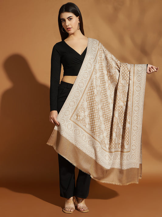 Jacquard Woven Kani Shawl with Fine Floral Motifs | Brown