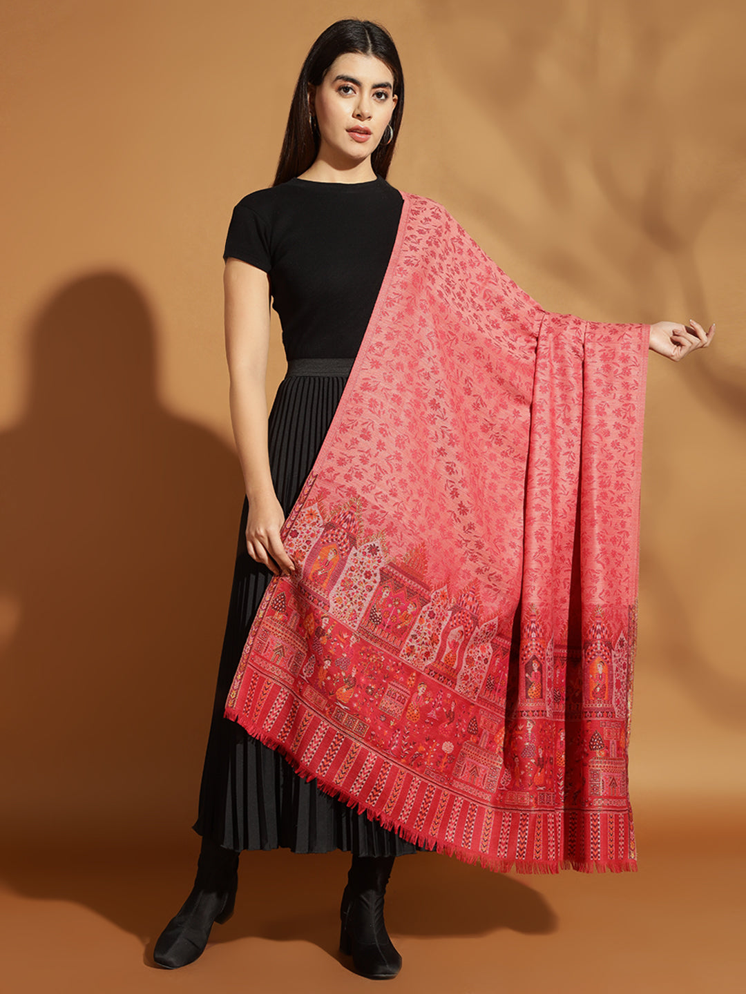 Kani Weave Pure Wool Shawl with Royal Darbar Motifs Borders | Maroon