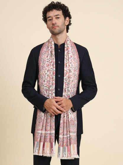 Kani Weave Woven Stole for Men in Paisley Jaal Patterns | White