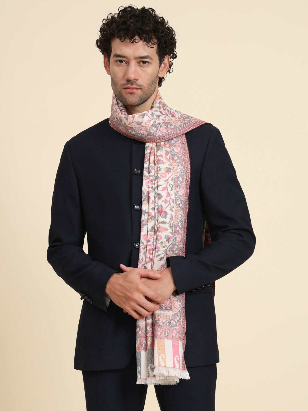 Kani Weave Woven Stole for Men in Paisley Jaal Patterns | White