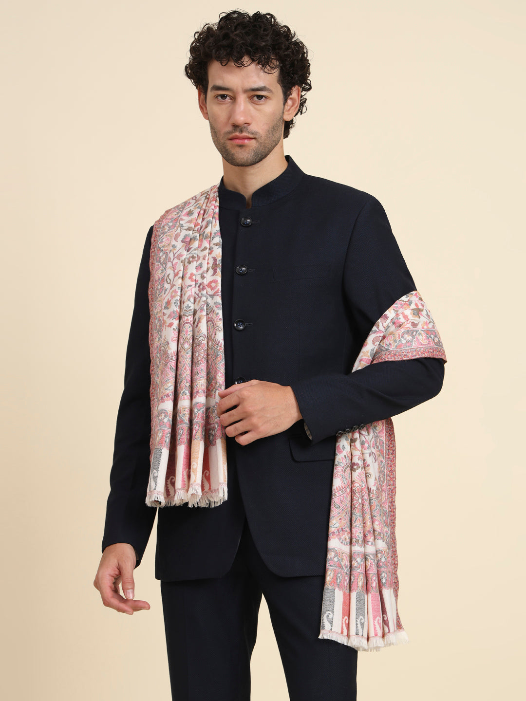 Kani Weave Woven Stole for Men in Paisley Jaal Patterns | White