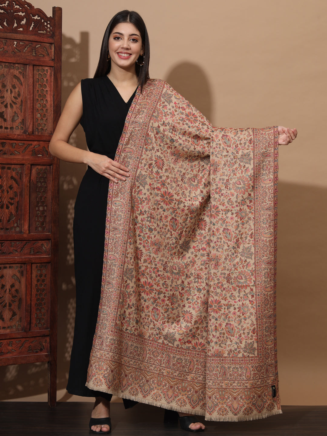 Kani Weave Woven Shawl for Women in Cutting with Floral Patterns | Brown