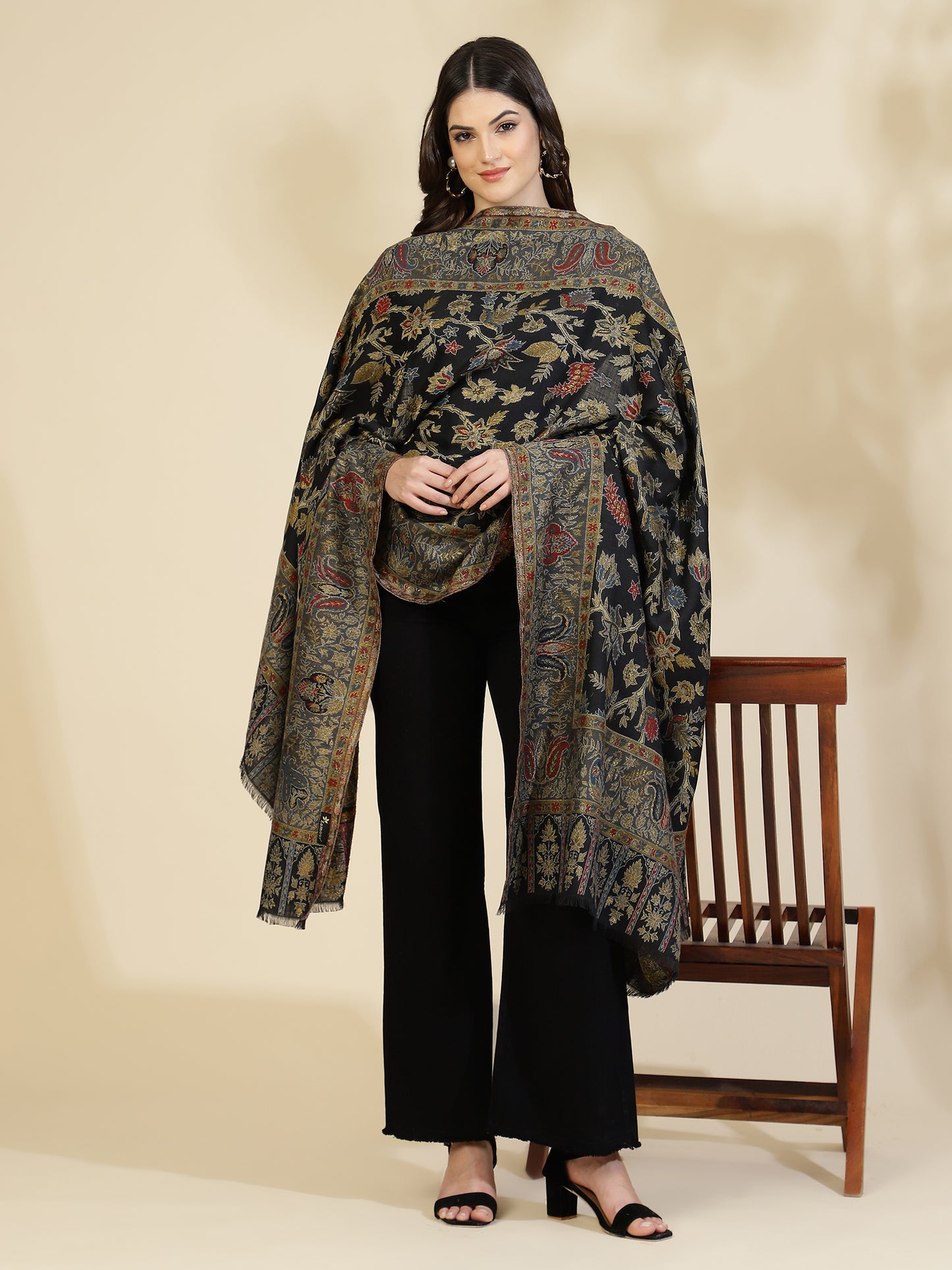 Kani Floral Zari Weave Pure Wool Shawl For Women | Black