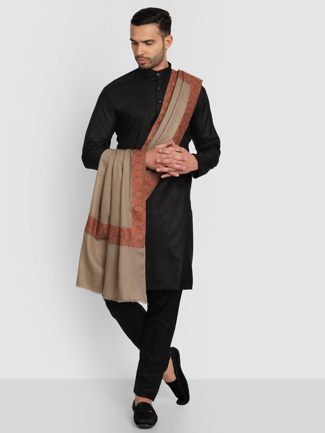 Men's Traditional Wool Shawl with Fine Embroidery | Brown