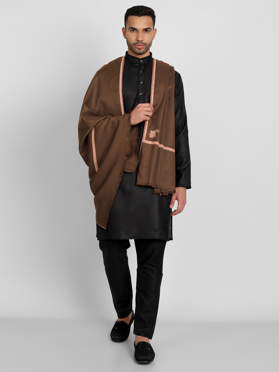 Men's Traditional Woolen Shawl with Fine Embroidery | Coffee