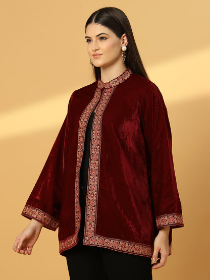 Women's Velvet Cape Shrug with Embroidery on Neck and Borders | Maroon