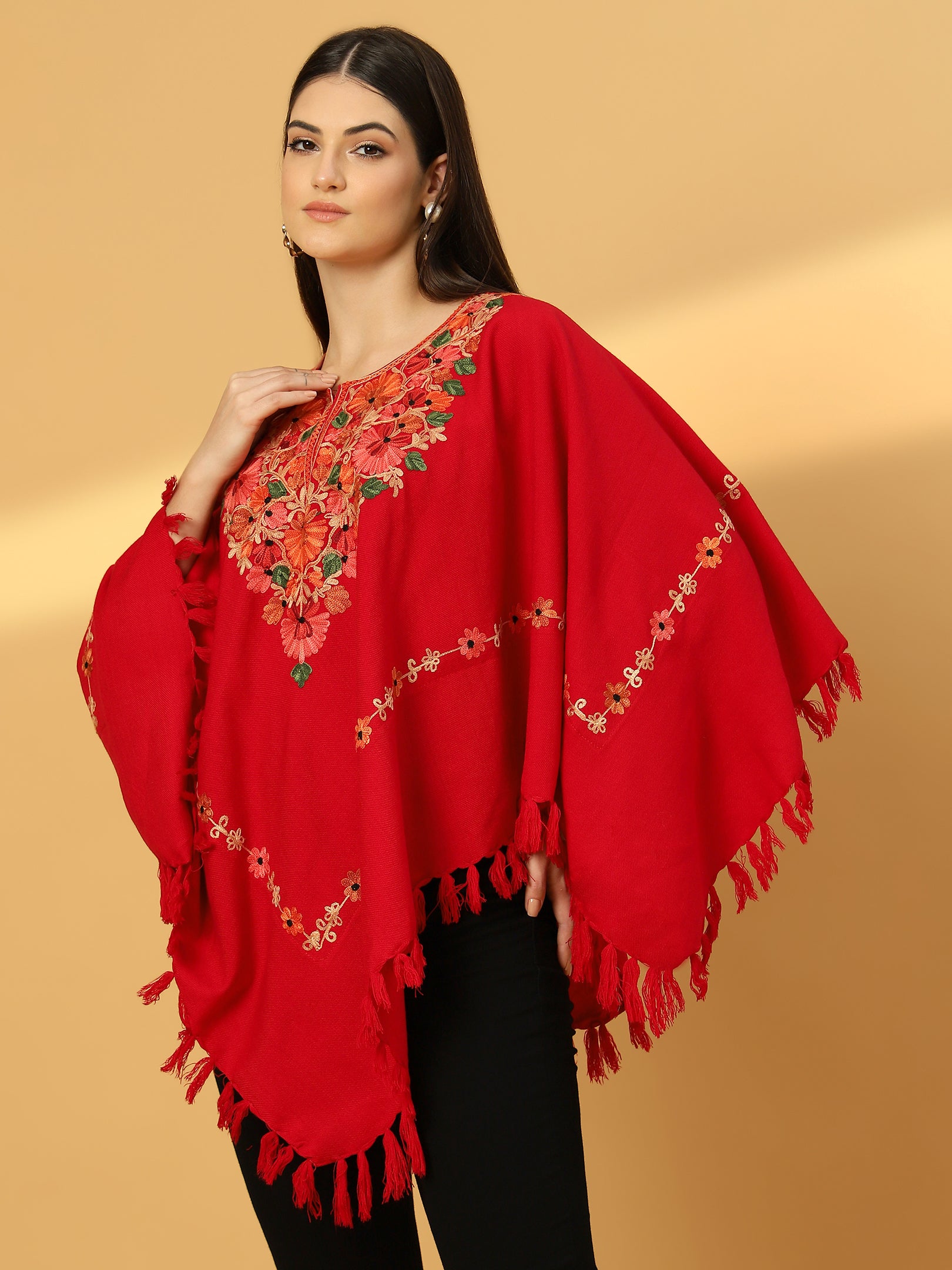 Woollen Poncho with Kashmiri Embroidery and Silk Lining | Red