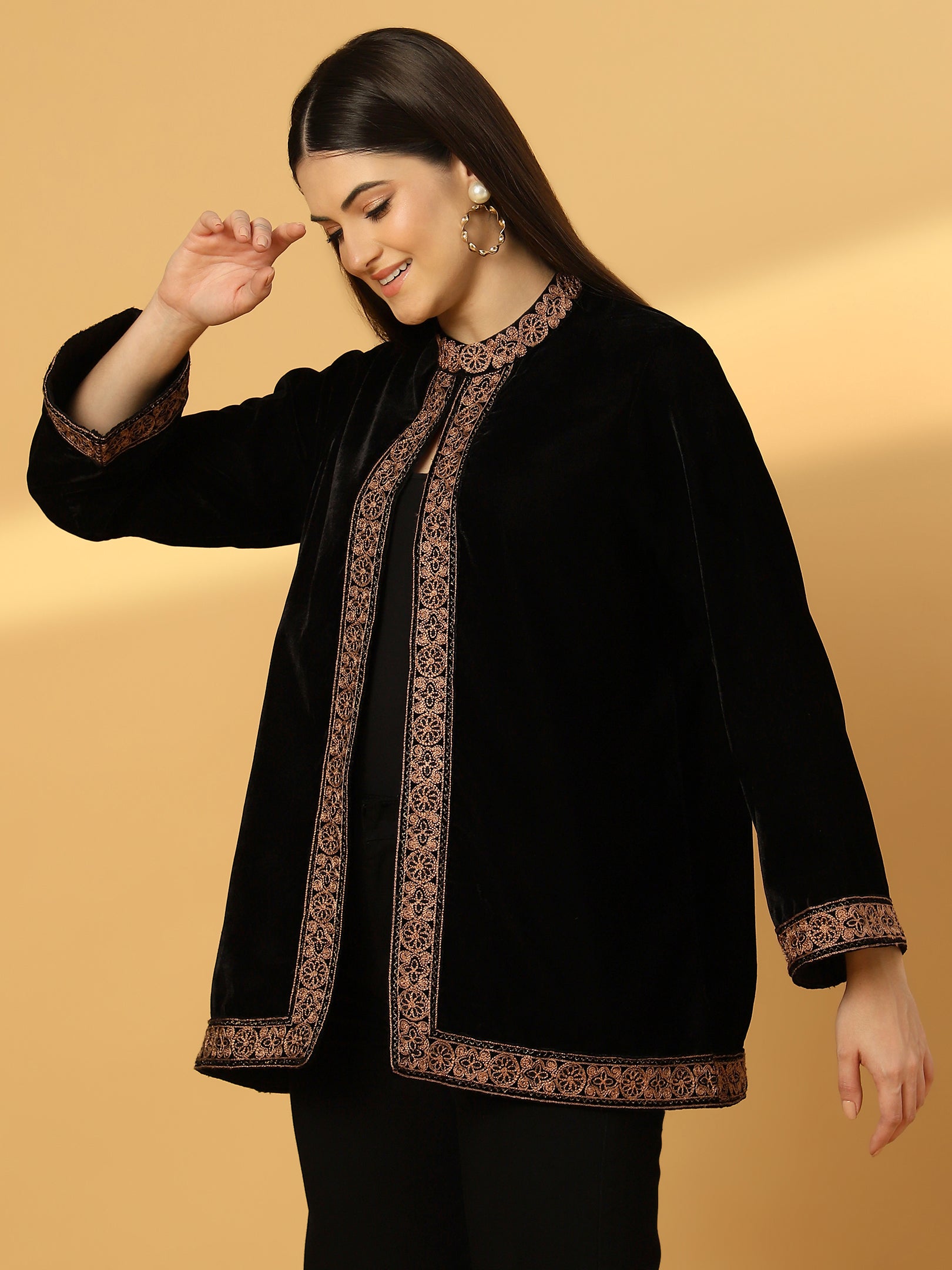 Women's Velvet Cape Shrug with Embroidery on Neck and Borders | Black