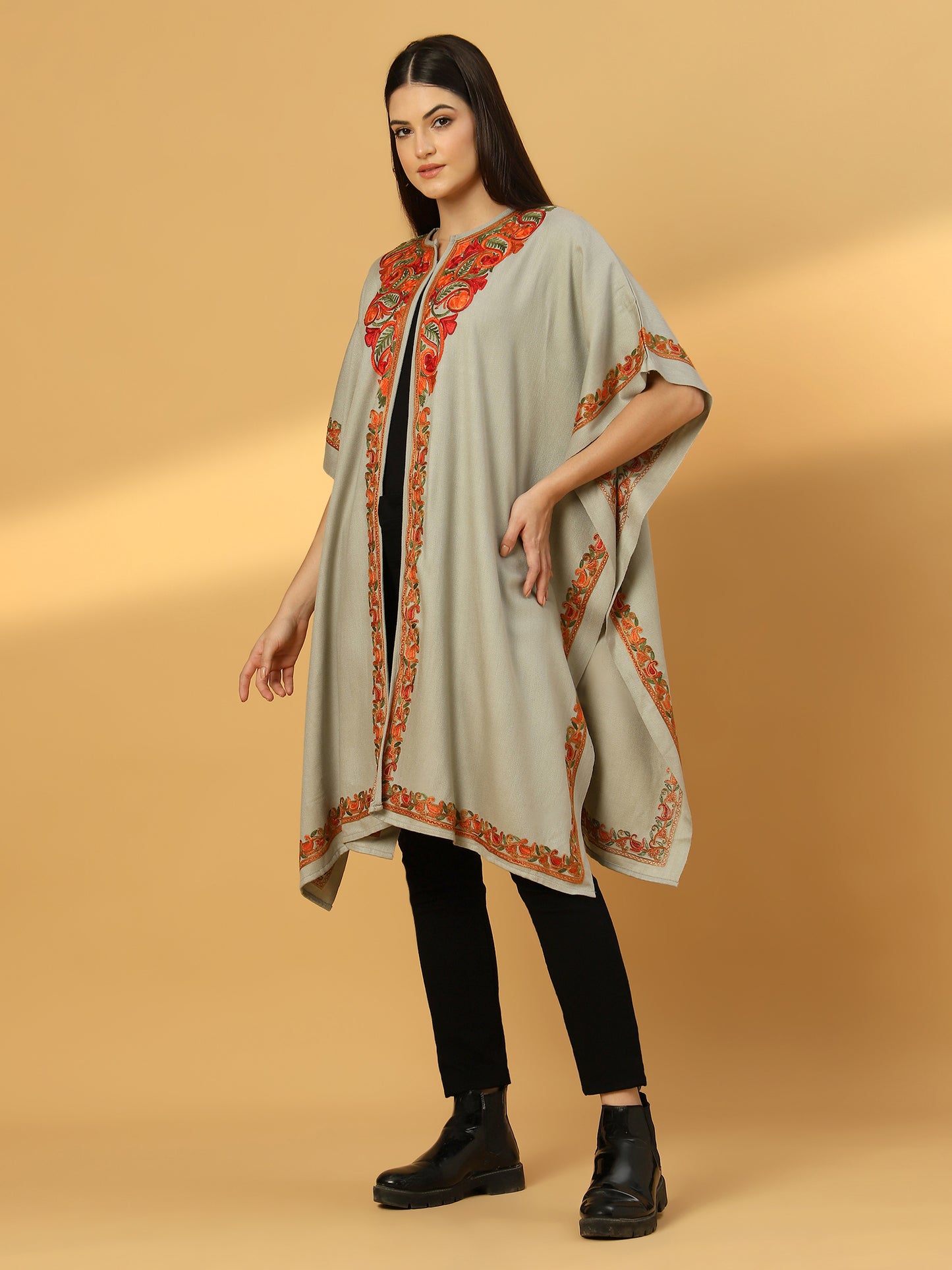 Kashmiri Embroidery Grey Pheran Shrug