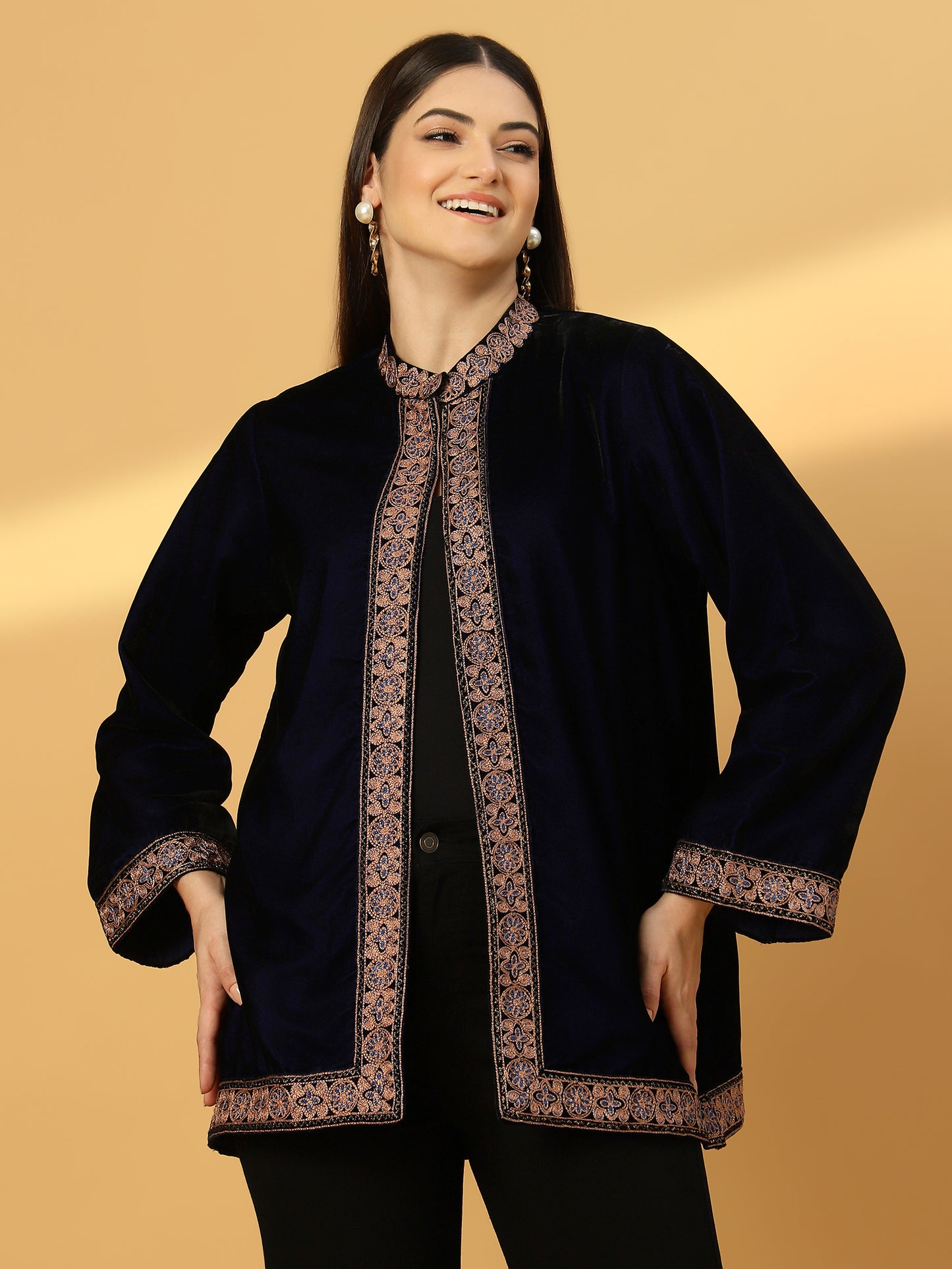 Women's Velvet Cape Shrug with Embroidery on Neck and Borders | Blue