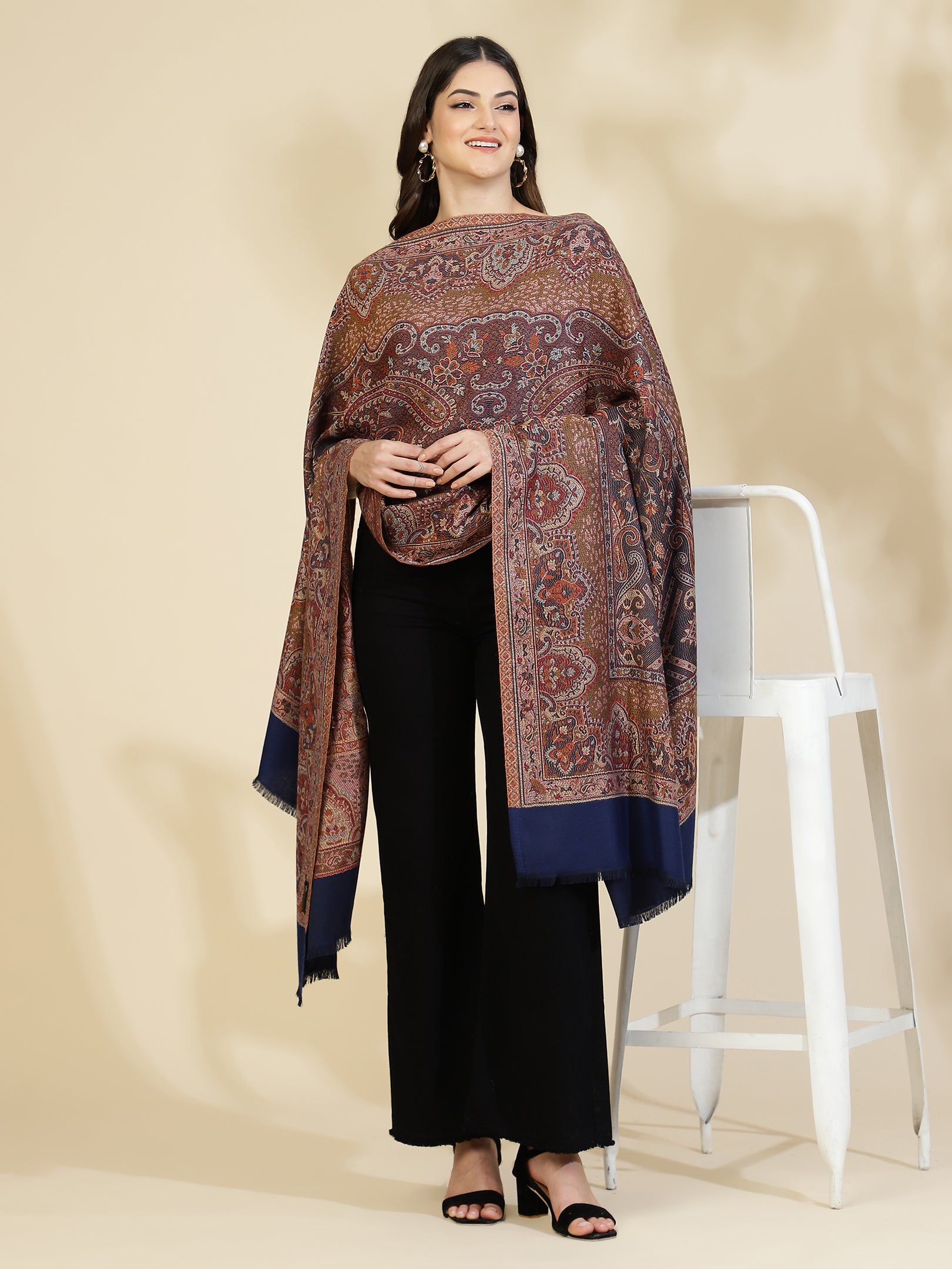 Jacquard Woven Shawl for Women in Royal Jamawar Patterns | Blue