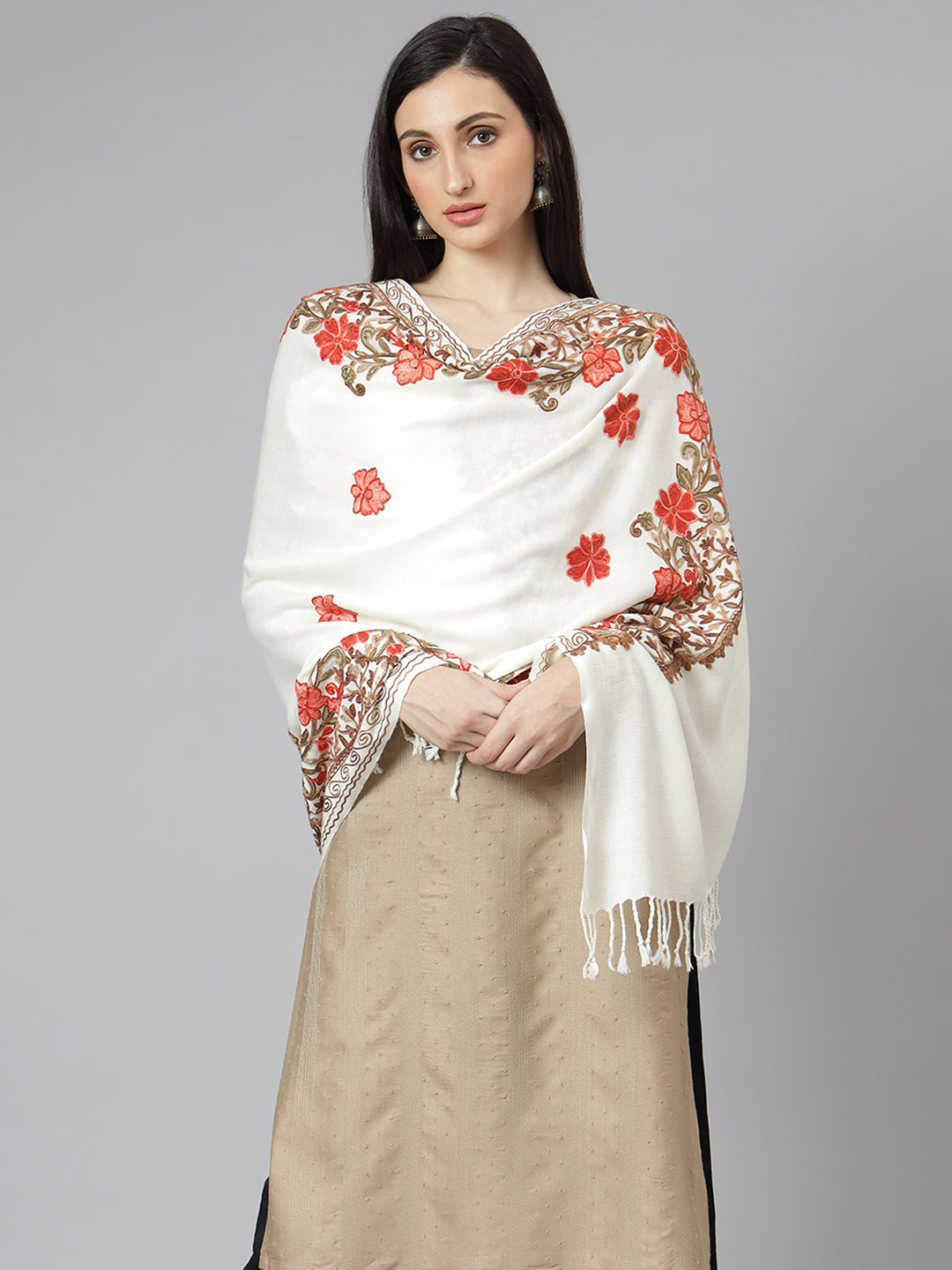 Kashmiri Aari Embroidery Woollen Stole | Off White