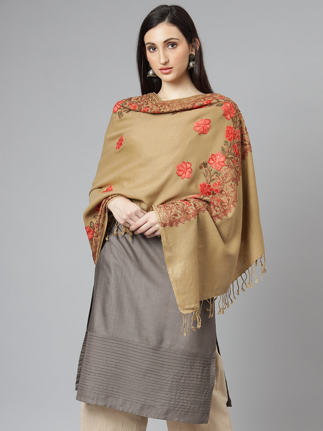 Kashmiri Aari Embroidery Woollen Stole | Brown