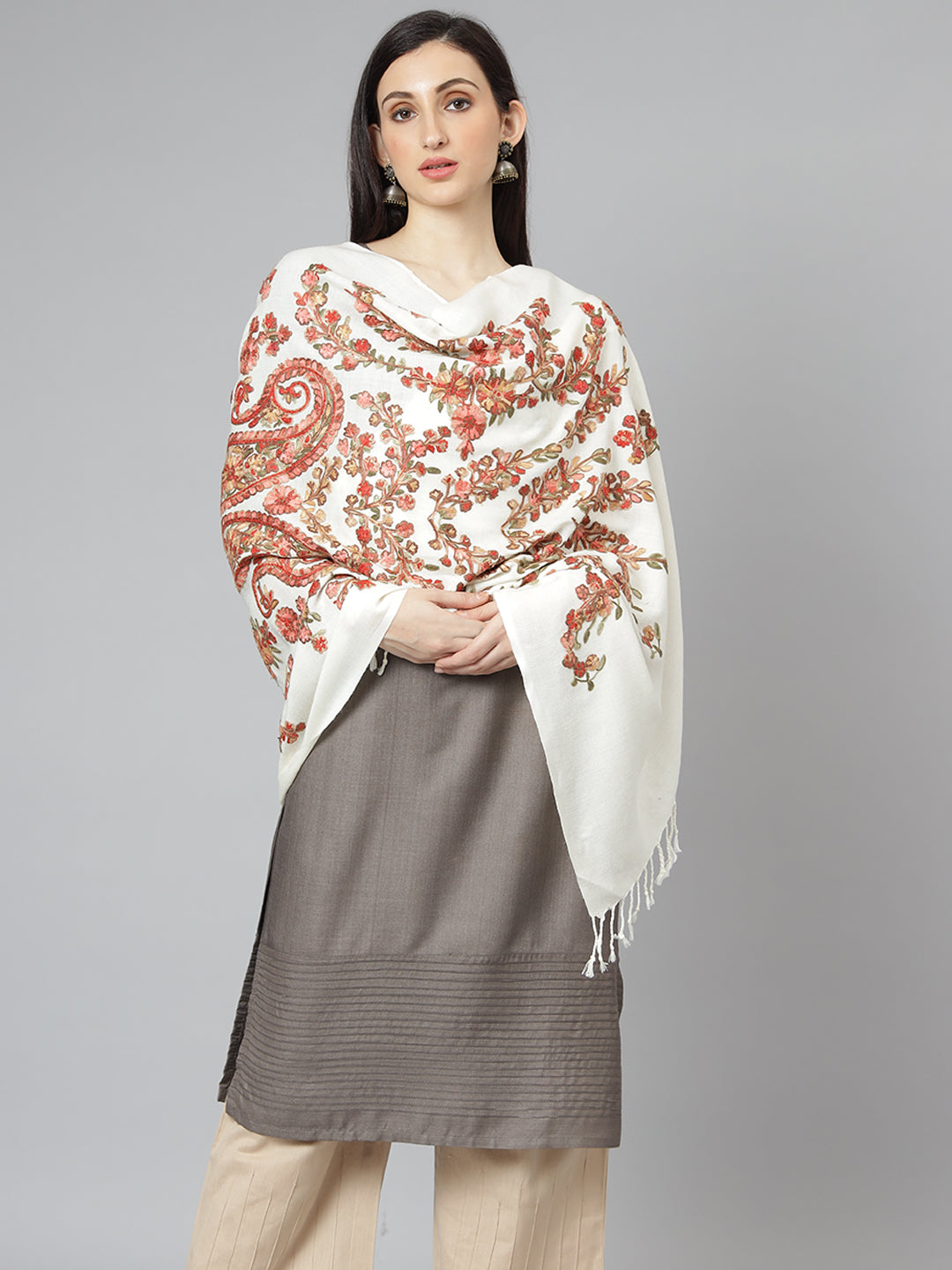 Kashmiri Aari Embroidery Woollen Stole | Off White