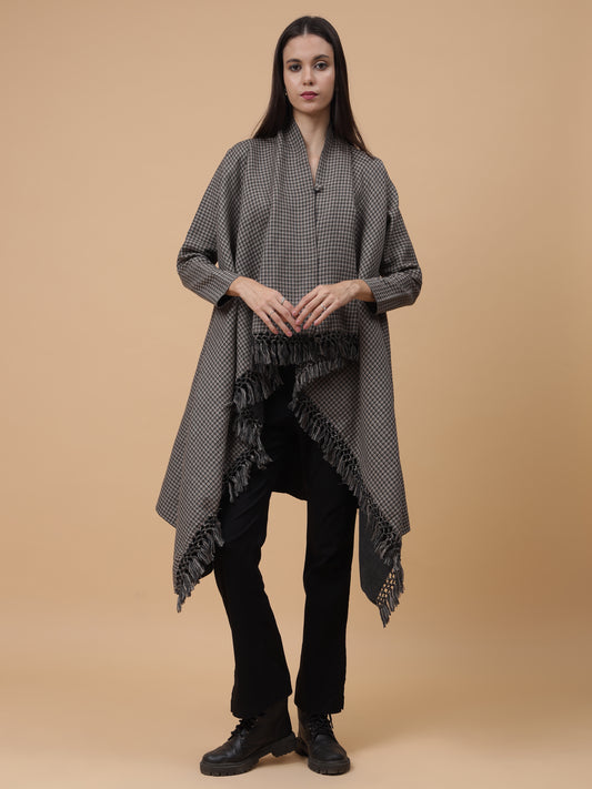 Women's Woven Full Sleeves Cape Shrug in Checked Pattern | Grey