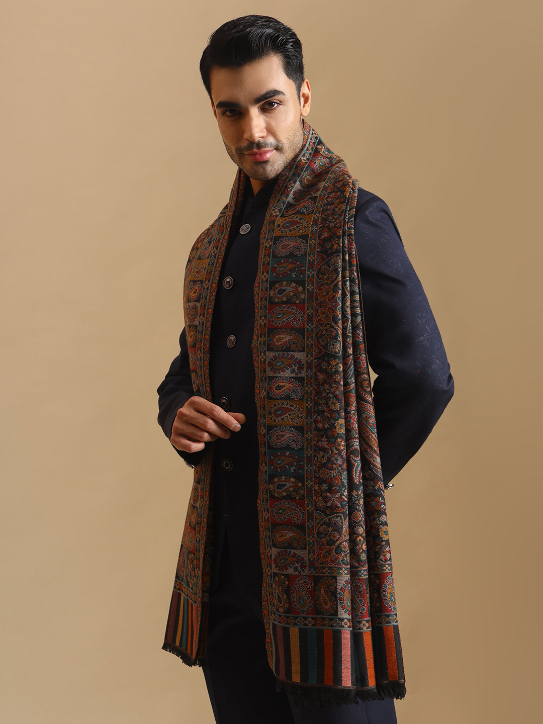 Kani Weave Paisley Design Shawl for Men | Black