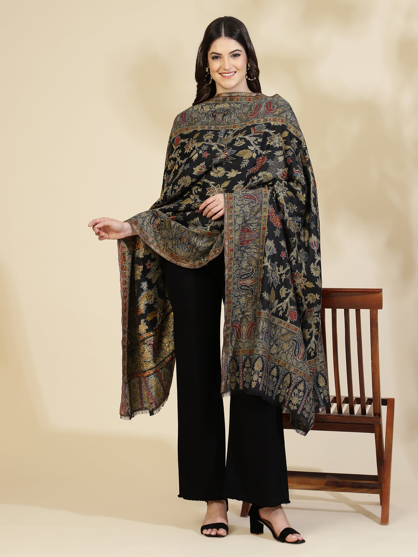 Kani Floral Zari Weave Pure Wool Shawl For Women | Black