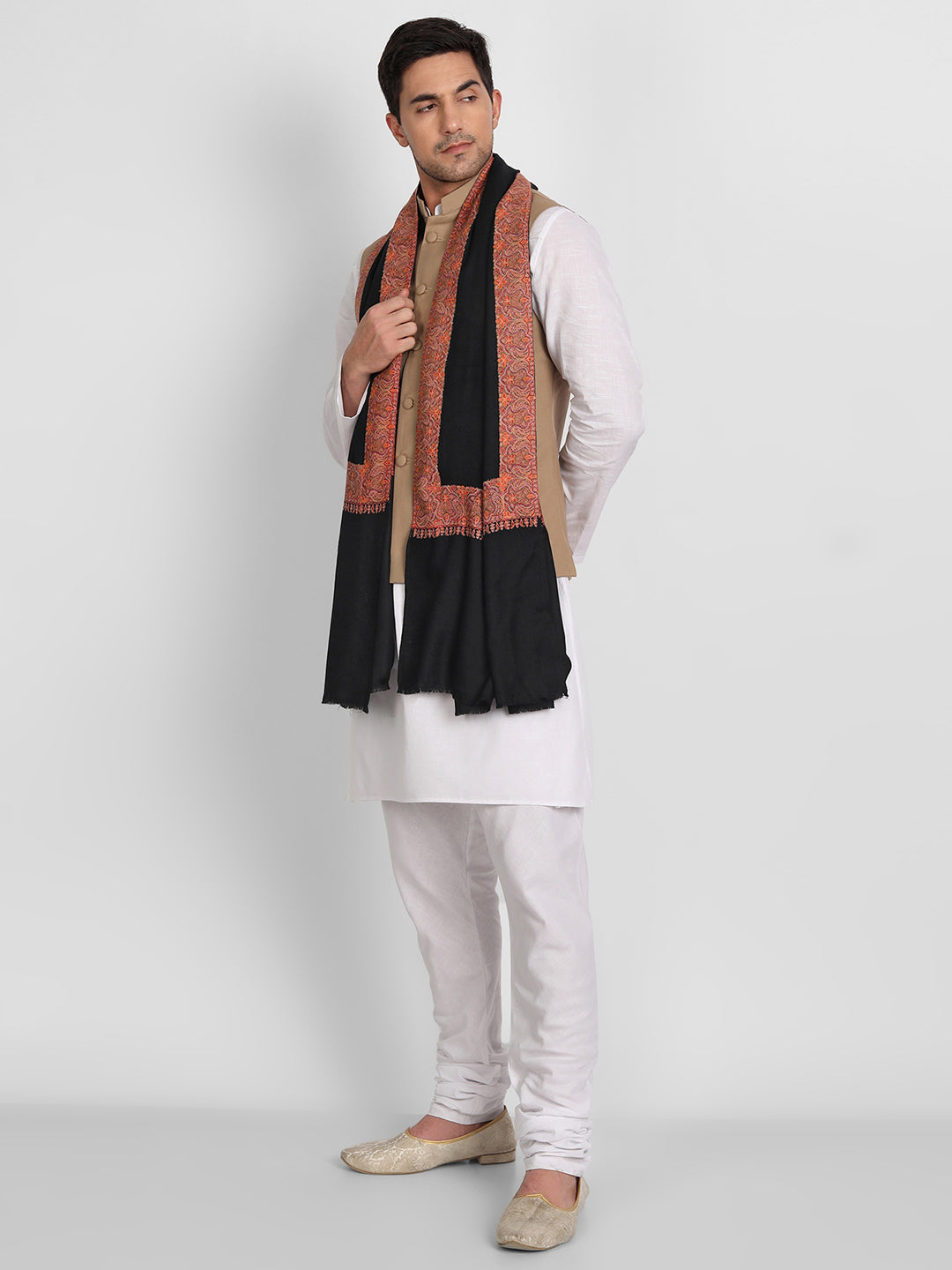 Men's Traditional Wool Shawl with Fine Embroidery | Black