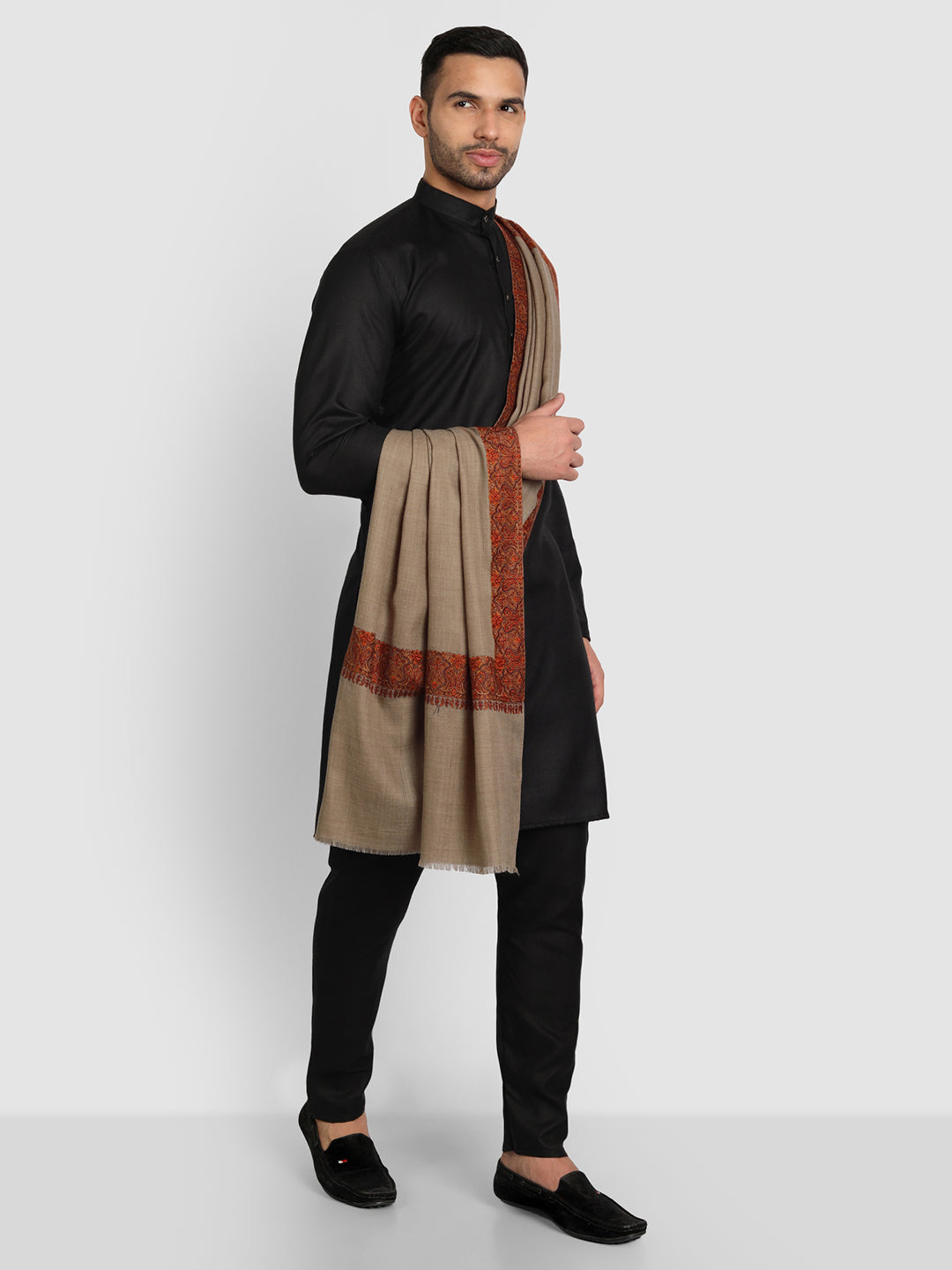 Men's Traditional Wool Shawl with Fine Embroidery | Brown