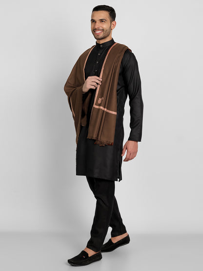 Men's Traditional Woolen Shawl with Fine Embroidery | Coffee