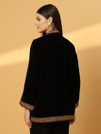 Women's Velvet Cape Shrug with Embroidery on Neck and Borders | Black