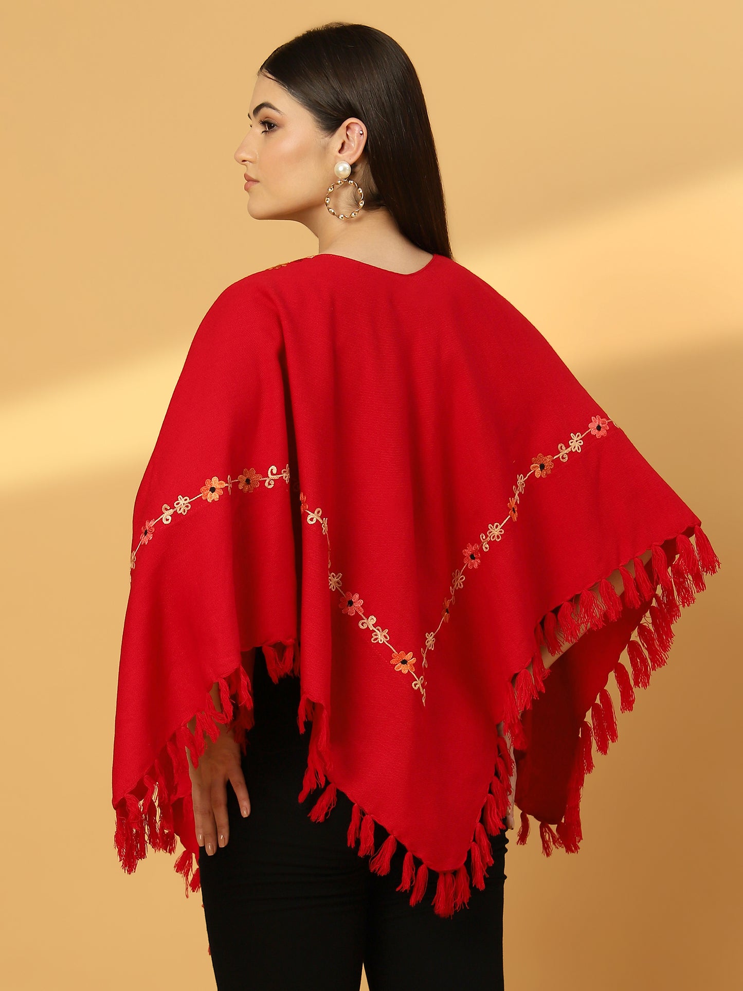 Woollen Poncho with Kashmiri Embroidery and Silk Lining | Red