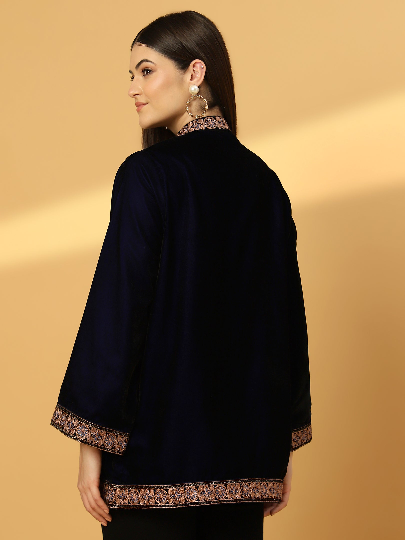 Women's Velvet Cape Shrug with Embroidery on Neck and Borders | Blue