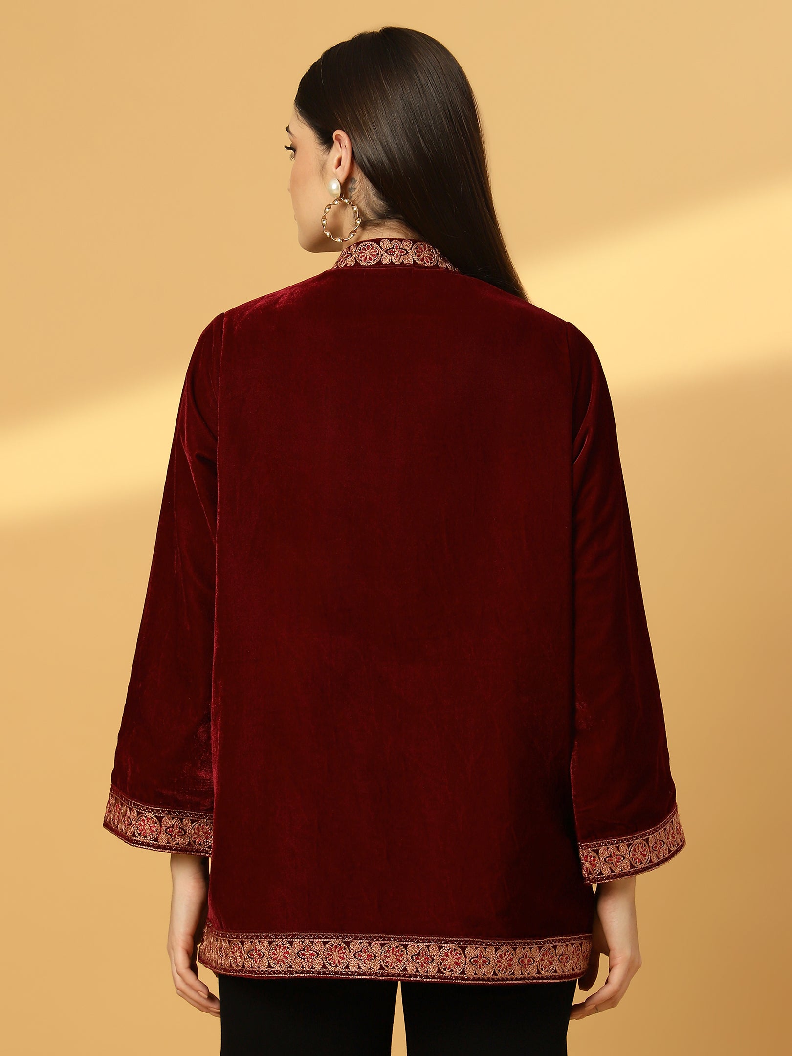 Women's Velvet Cape Shrug with Embroidery on Neck and Borders | Maroon