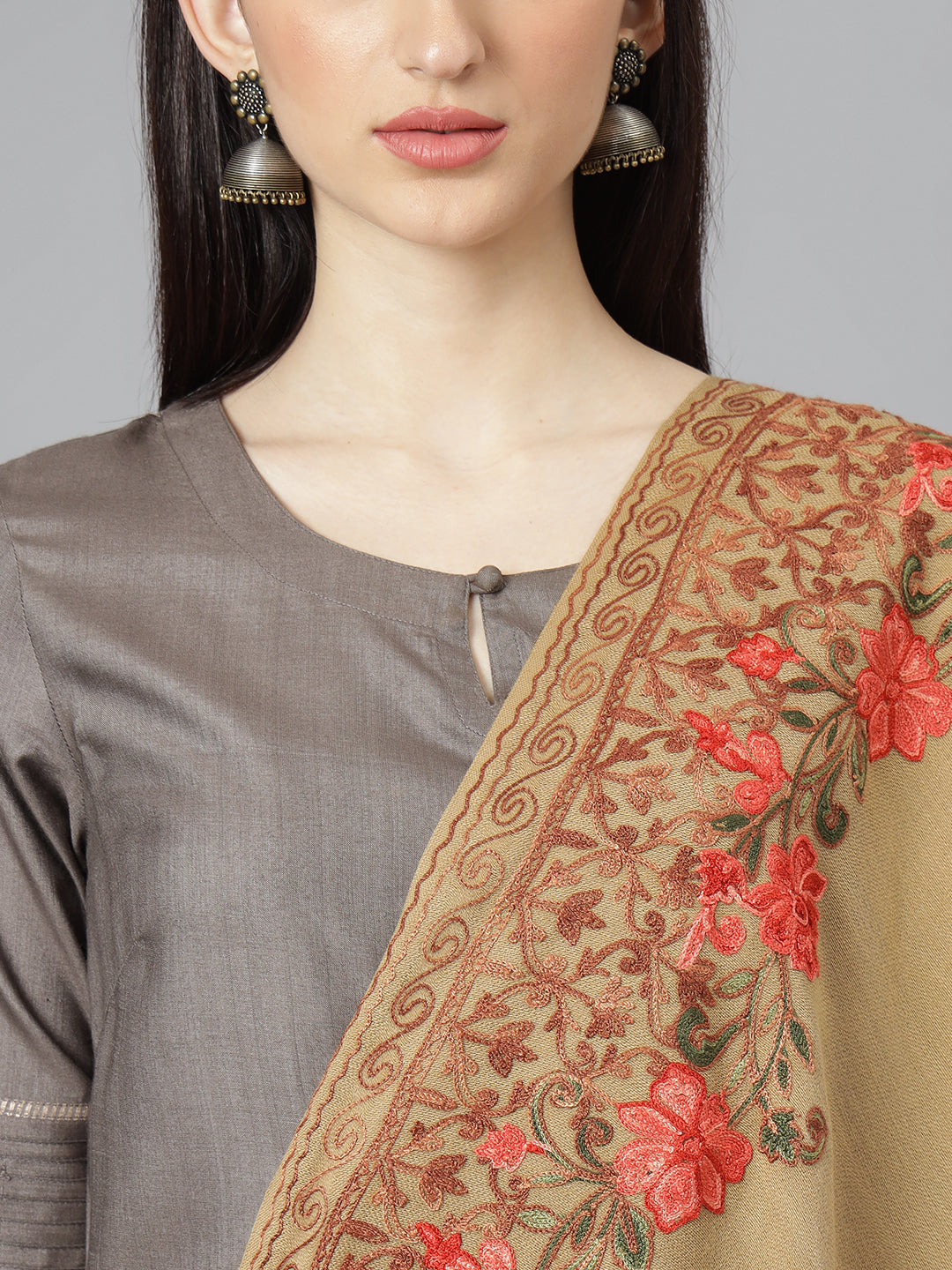 Kashmiri Aari Embroidery Woollen Stole | Brown