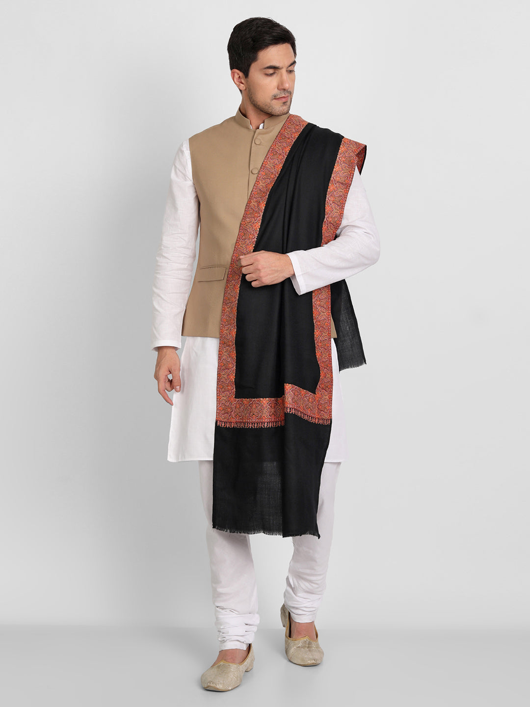 Men's Traditional Wool Shawl with Fine Embroidery | Black