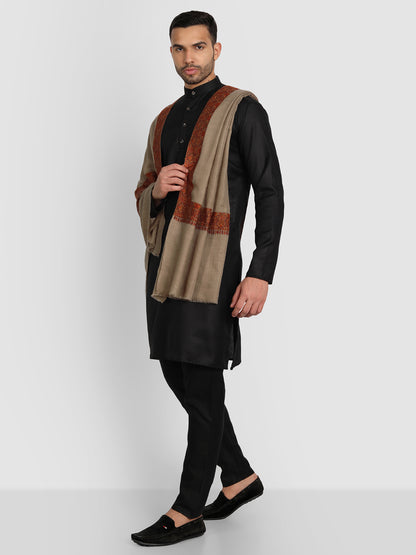 Men's Traditional Wool Shawl with Fine Embroidery | Brown