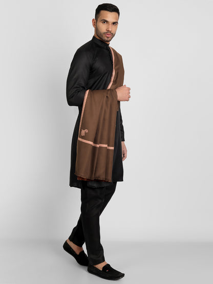 Men's Traditional Woolen Shawl with Fine Embroidery | Coffee