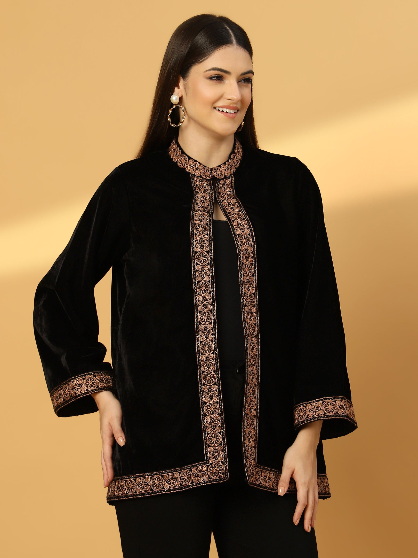 Women's Velvet Cape Shrug with Embroidery on Neck and Borders | Black