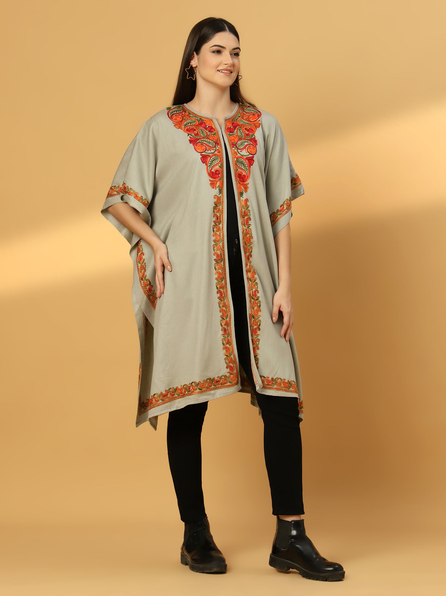 Kashmiri Embroidery Grey Pheran Shrug