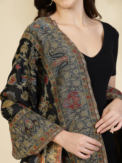 Kani Floral Zari Weave Pure Wool Shawl For Women | Black