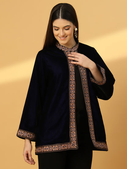 Women's Velvet Cape Shrug with Embroidery on Neck and Borders | Blue