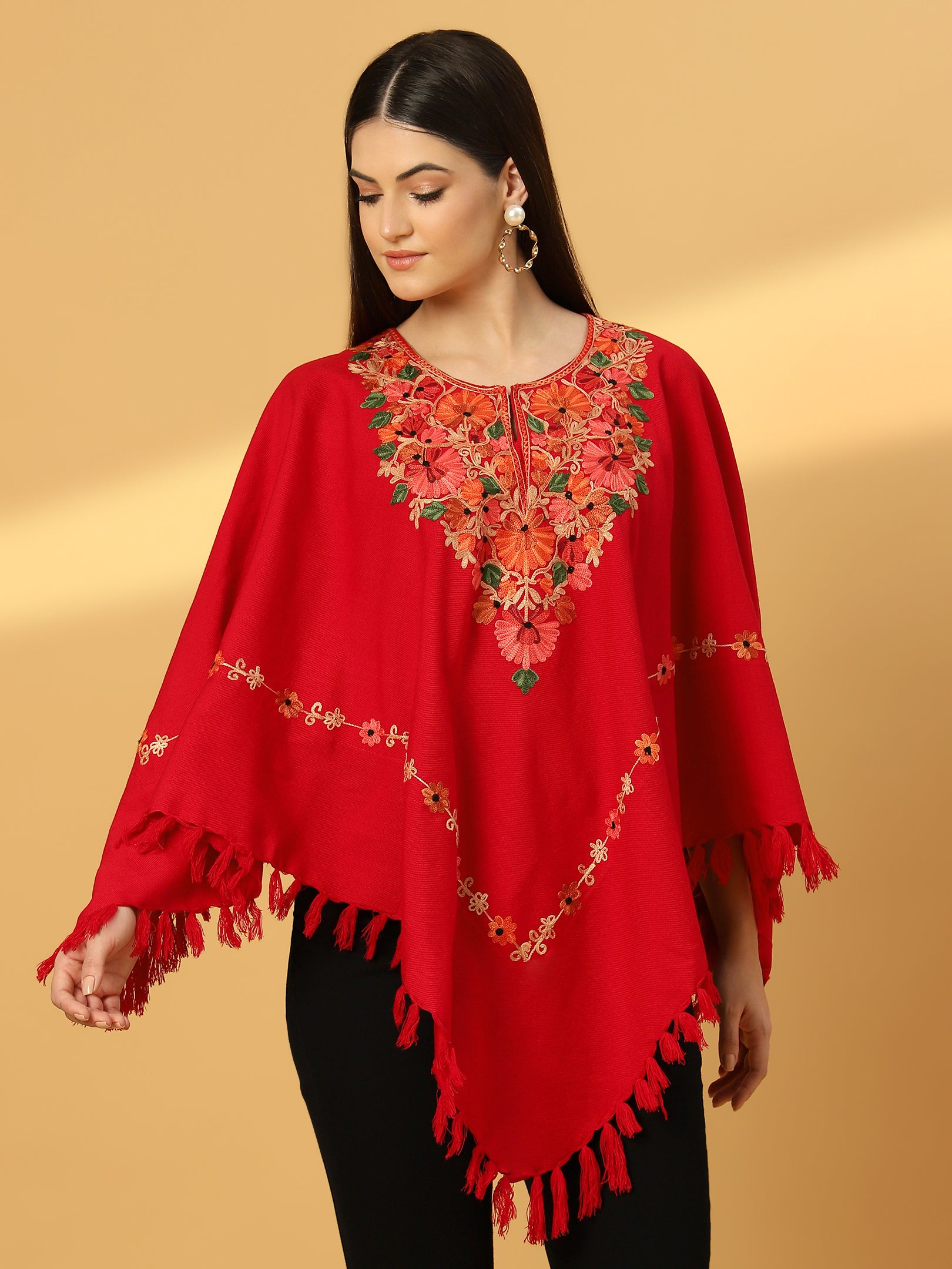 Woollen Poncho with Kashmiri Embroidery and Silk Lining | Red