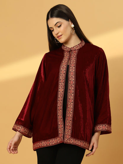 Women's Velvet Cape Shrug with Embroidery on Neck and Borders | Maroon