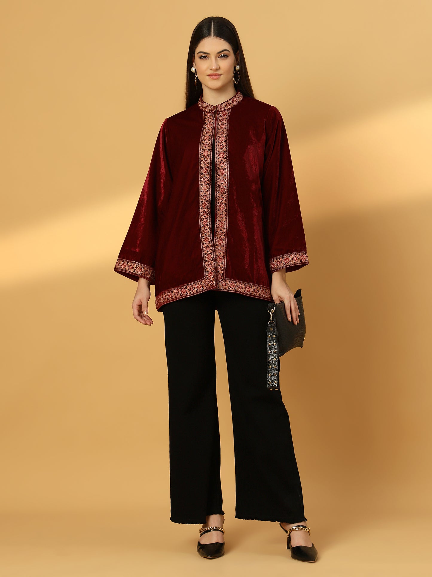 Women's Velvet Cape Shrug with Embroidery on Neck and Borders | Maroon